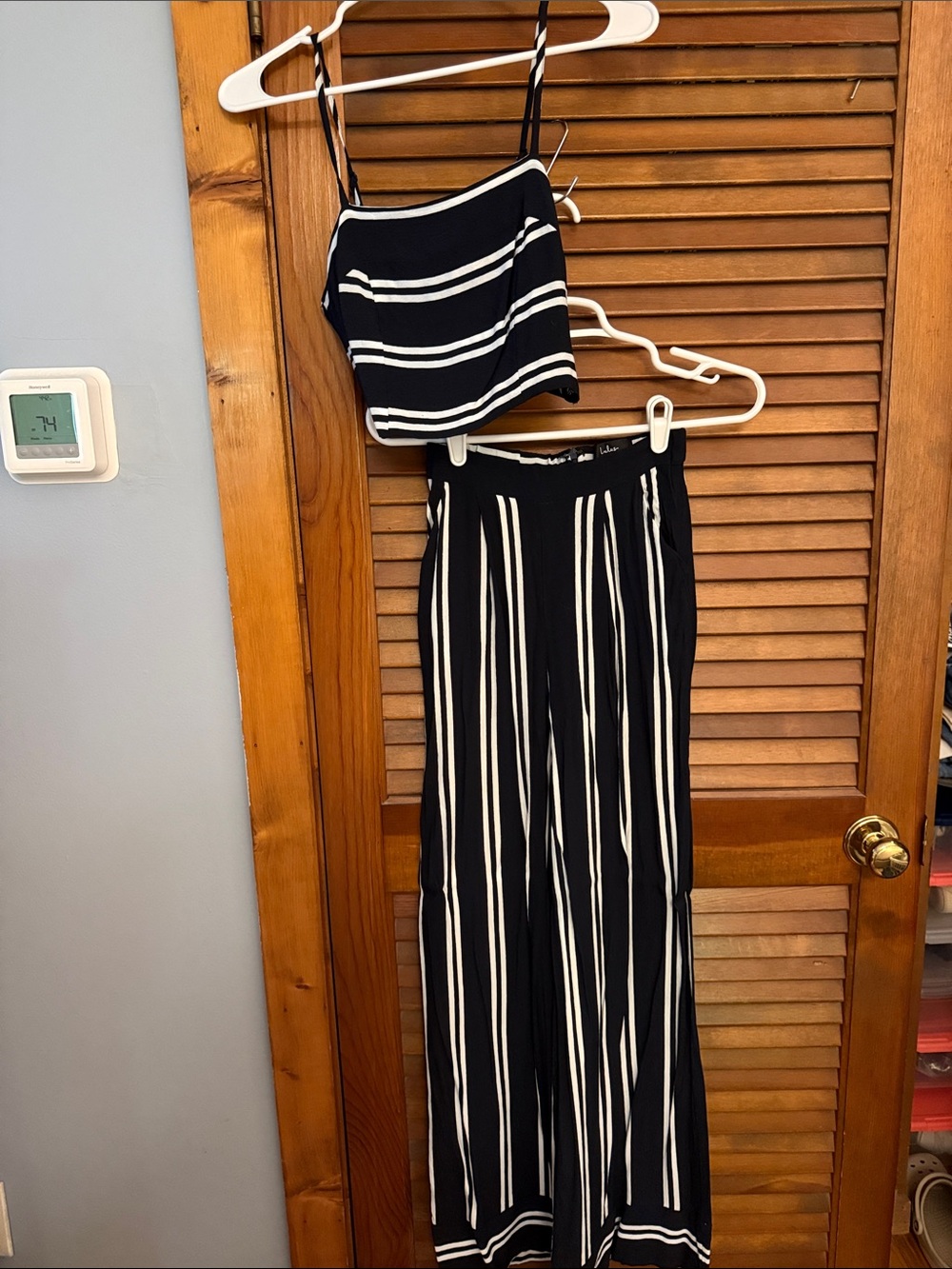 Lulu's Navy & White Striped Wide-Leg Pants with Matching Cropped Tank